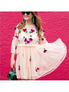 ASOS Blush Pink Tulle Dress with Fuchsia and Green Floral Appliqués